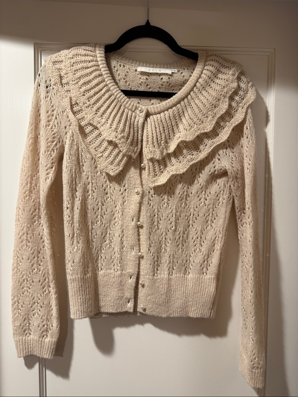 ASTR Cream Knit Ruffle Collar Cardigan Sweater